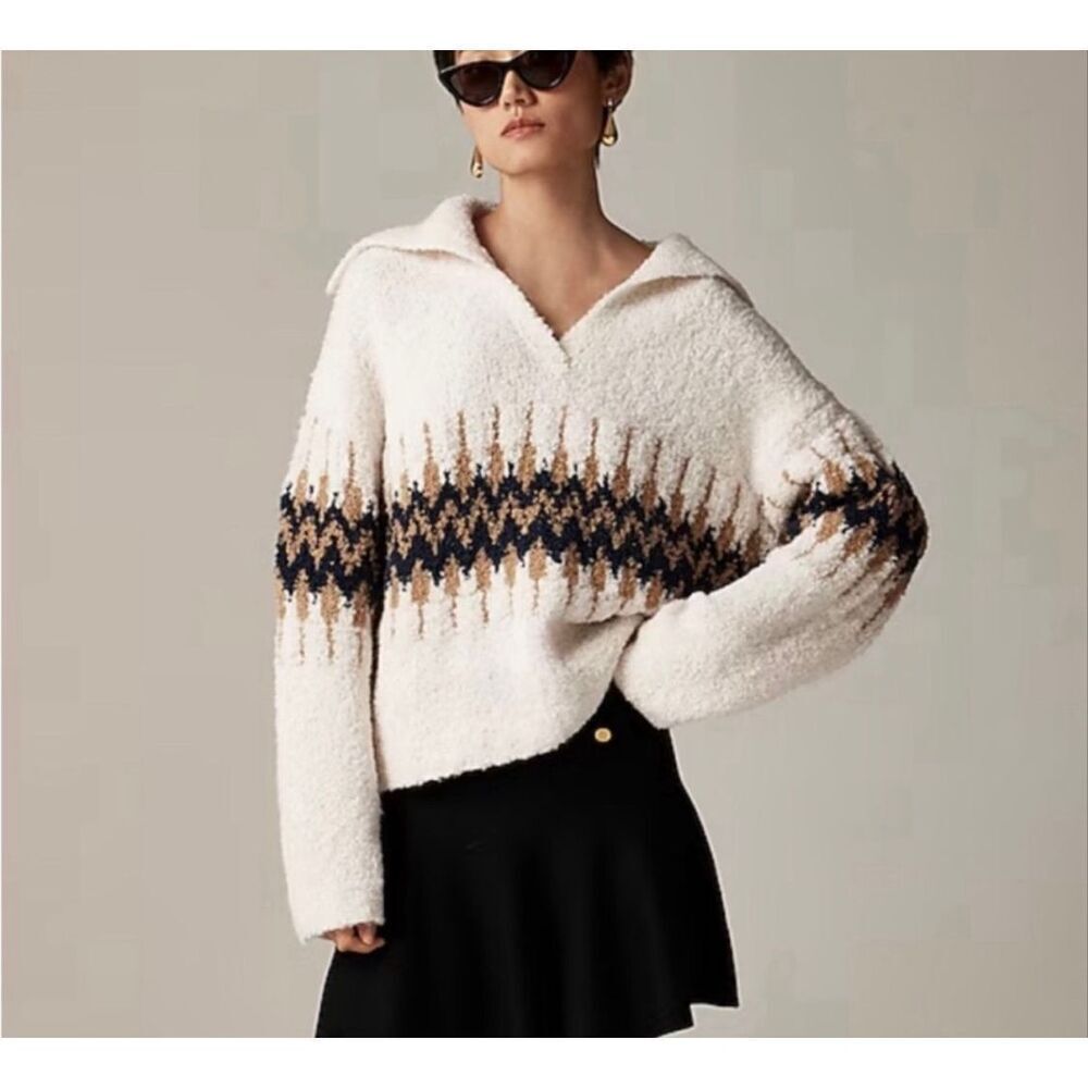 J Crew Sweater Fair Isle Johnny-Collar Boucle Yarn Wool Blend Cream Tan Large - Picture 1 of 10
